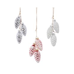 Decoris ornament glas dennenappel frosted kerstrood winterwit zilver 3ass
