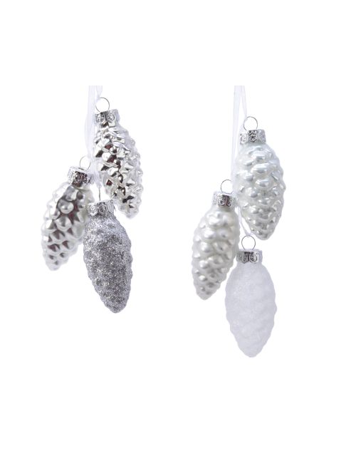 Decoris Dennenappel glas shiny,matt,glitter mix wit/zilver dia2.5cm x H.6cm