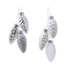 Decoris Dennenappel glas shiny,matt,glitter mix wit/zilver dia2.5cm x H.6cm
