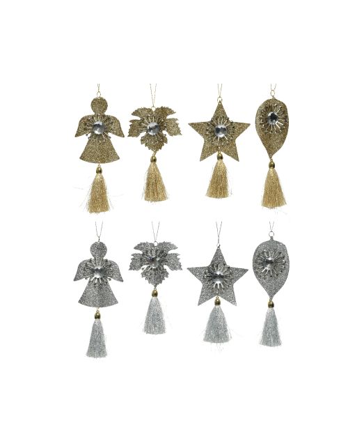 Decoris ornament ijzer steentjes en glitter kwastje ster blaadje engel eikenblad zilver goud 8ass