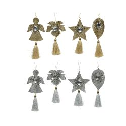 Decoris ornament ijzer steentjes en glitter kwastje ster blaadje engel eikenblad zilver goud 8ass