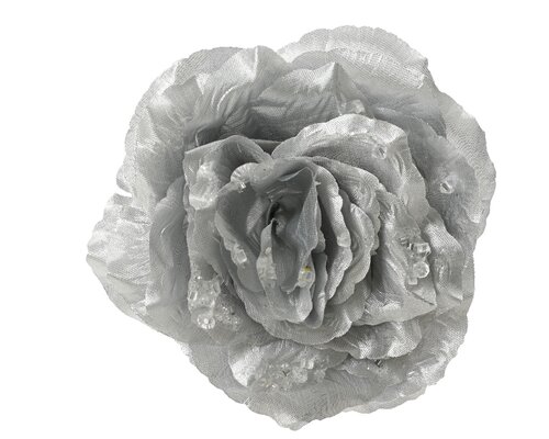 Decoris Roos op clip polyester glitters zilver