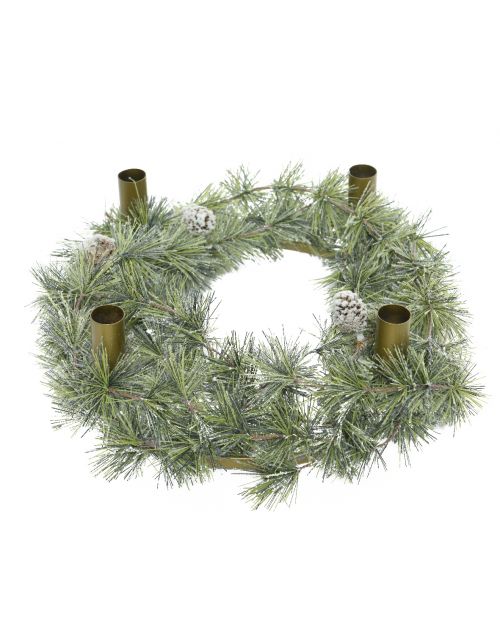 Decoris snowy hardneedle wreath candleholders d60cm green/white