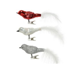 Decoris Vogel glas shiny,enamel, glitter white feather tail mix