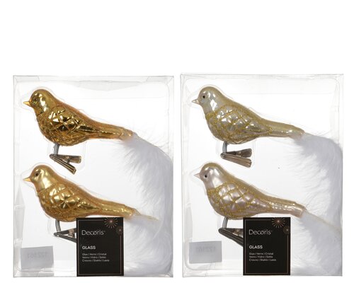 Decoris Vogel glas shiny - matt with glitter lines, white feather tail 2col ass - afbeelding 1