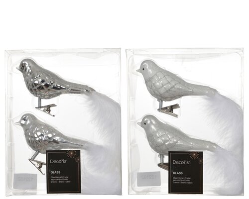 Decoris Vogel glas shiny - matt with glitter lines, white feather tail 2col ass - afbeelding 1