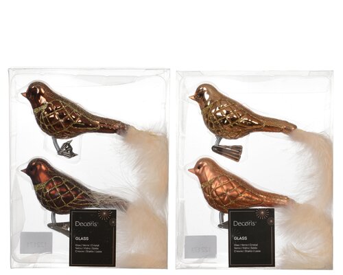 Decoris Vogel glas shiny - matt with glitter lines, white feather tail 2col ass - afbeelding 1