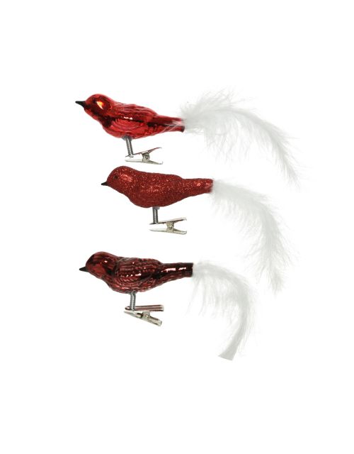 Decoris vogel met veer op clip glas mix glanzend mat glitter kerstrood ossenbloed