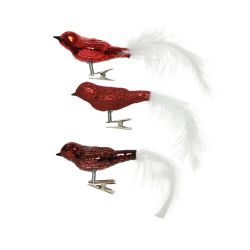 Decoris vogel met veer op clip glas mix glanzend mat glitter kerstrood ossenbloed