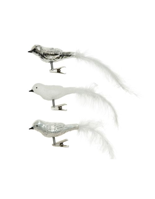 Decoris Vogel glas shiny,enamel, glitter white feather tail mix wit/zilver L.3cm x W.8cm x H.3.5cm