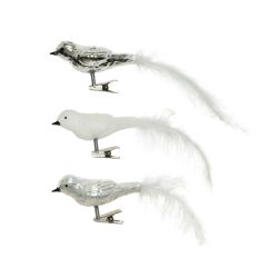 Decoris Vogel glas shiny,enamel, glitter white feather tail mix wit/zilver L.3cm x W.8cm x H.3.5cm