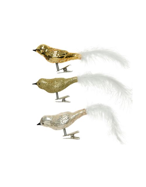 Decoris vogel met veer op clip glas mix glanzend mat glitter parel licht goud
