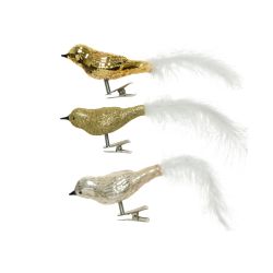 Decoris vogel met veer op clip glas mix glanzend mat glitter parel licht goud
