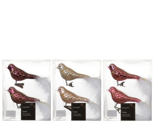 Decoris Vogel nee glas shiny - matt with glitter lines, white feather tail 3col ass - afbeelding 1
