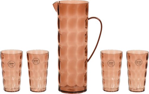 Decoris waterkan + 4 glazen kunststof terra bruin
