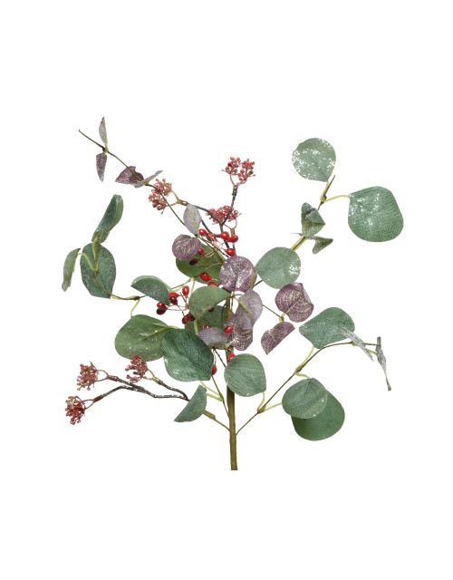Decoris zijden tak eucalyptus met bessen polyester groen rood