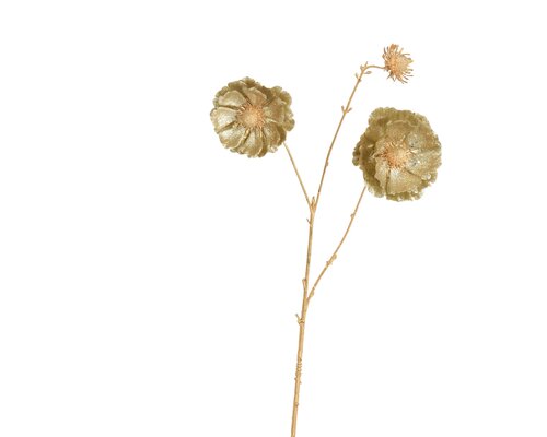 Everlands Papaver polyester glitter 2 flower heads 1 bud with gold stem