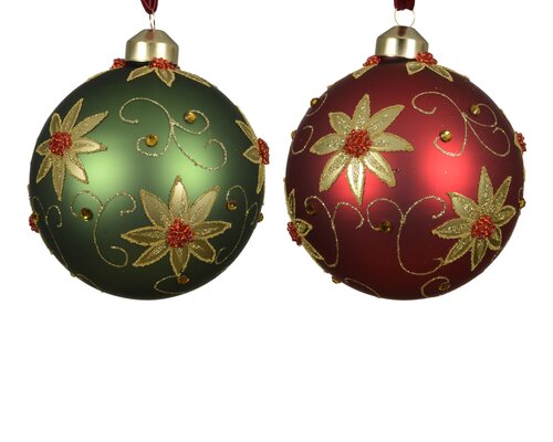 Decoris Kerstballen glas matt w flowers, sequins 2col ass