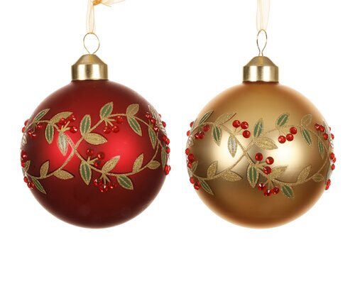 Decoris Kerstballen glas matt w silver inside w leaves, red beads 2col ass