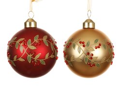 Decoris Kerstballen glas matt w silver inside w leaves, red beads 2col ass