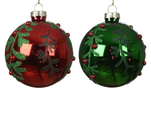 Decoris Kerstballen glas shiny with green leaves 2col ass
