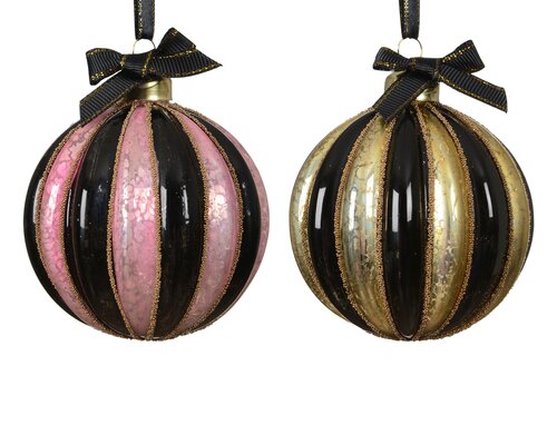 Decoris Kerstballen glas with bead lines, bow 2col ass - afbeelding 1