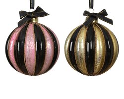 Decoris Kerstballen glas with bead lines, bow 2col ass - afbeelding 1