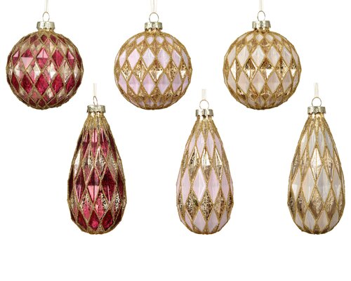 Decoris Kerstballen glas antique finish with diamond shape 6ass - afbeelding 1