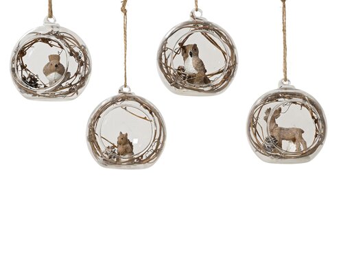 Decoris Kerstbal glas animal inside, pinecone, branches 4ass