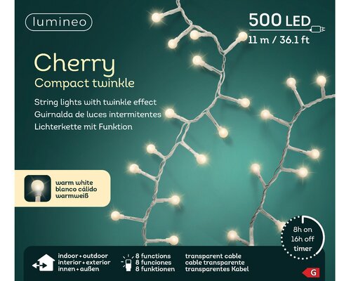 Lumineo cherry compact twinkel verlichting 500 led-11 m warm wit-transparant - afbeelding 1