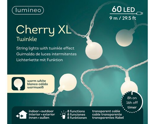 Lumineo cherry xl twinkel 60 led-9 m warm wit-transparant - afbeelding 1