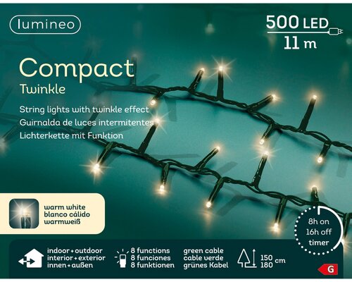 Lumineo compact twinkel verlichting 500 led-11 m warm wit-groen - afbeelding 1