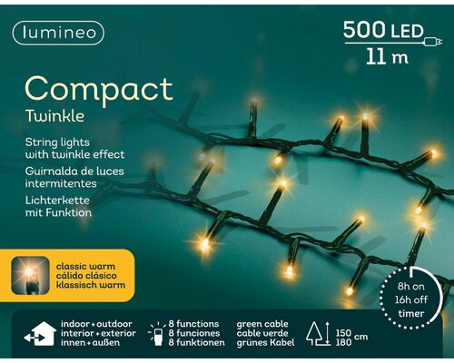 Lumineo compact twinkel verlichting 500 led-11 m klassiek warm-groen - afbeelding 1