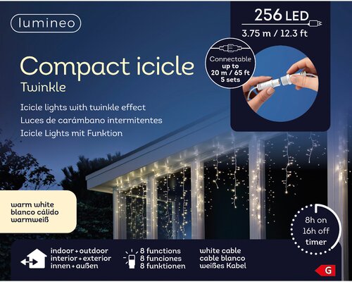 Lumineo Icicle compact twinkel 256 led-3,75 m warm wit-wit - afbeelding 1