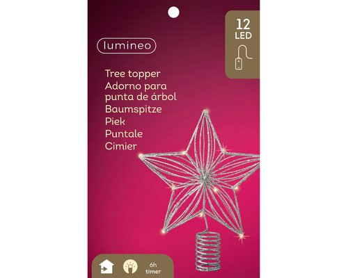 Lumineo kerstster piek zilver 12 led lampjes-h25cm warm wit - afbeelding 1