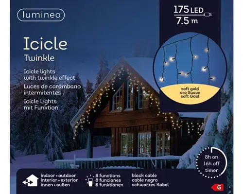 Lumineo Led icicle l750cm-175l zwart/soft gold - afbeelding 1