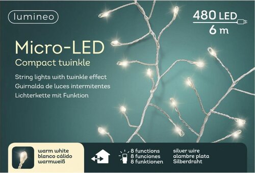 Lumineo Micro compact twinkel 480 led-6 m warm wit-zilver - afbeelding 1