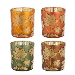 Mica decorations Theelicht houder bladeren oranje groen bruin roest 4 assorti - h8xd7cm