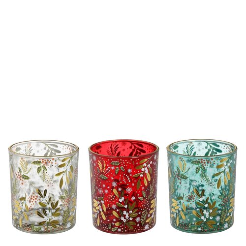 Mica decorations Theelicht houder maretak groen rood grijs 3 assorti - h8xd7cm
