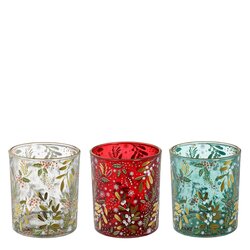 Mica decorations Theelicht houder maretak groen rood grijs 3 assorti - h8xd7cm