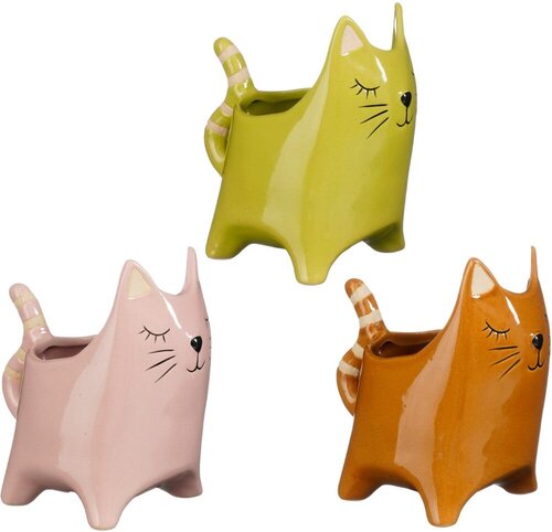 Mica Pot funny kat l13b9.5h14cm groen 3 assorti