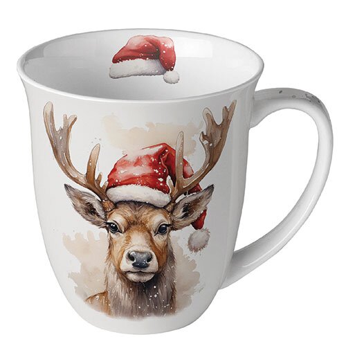 Mug 0.4 L Deer with Santa hat white