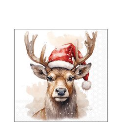 Napkin 25 Deer with Santa hat white FSC Mix