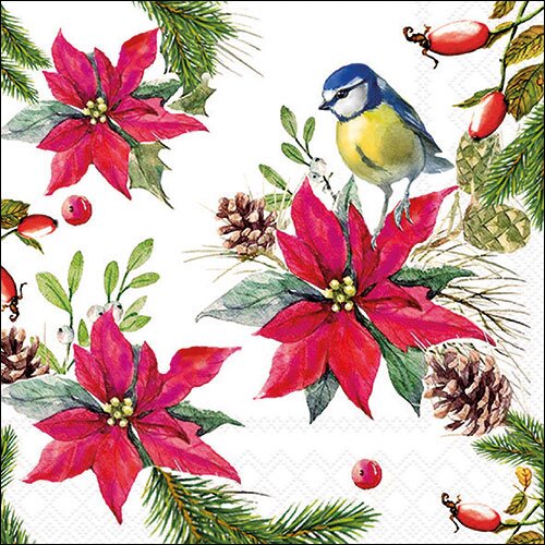 Napkin 33 Bird on poinsettia white FSC Mix