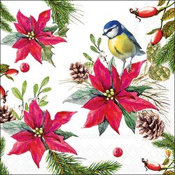Napkin 33 Bird on poinsettia white FSC Mix