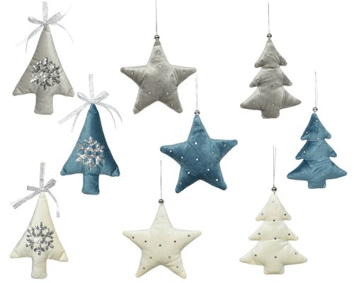 Decoris Ornament Fluweel Ster/Boom Blauw Grijs Wit