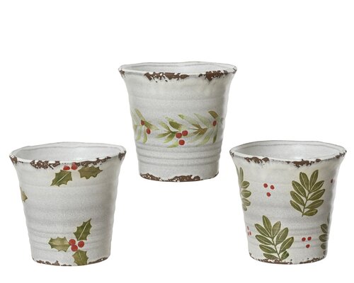 Decoris Planter terracotta glazed and handpainted holly 3ass