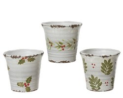 Decoris Planter terracotta glazed and handpainted holly 3ass