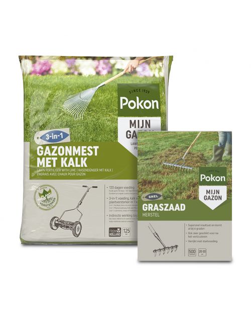 Pokon graszaad herstel 500 gram + Pokon gazonmest 3-in-1 met kalk 75m2