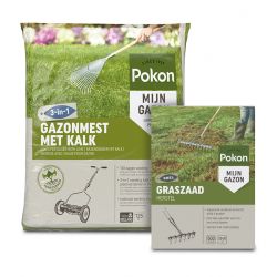 Pokon graszaad herstel 500 gram + Pokon gazonmest 3-in-1 met kalk 75m2